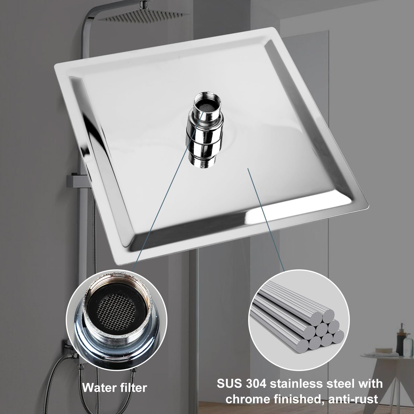 Rain Shower Head 12 inch Square Large Rainfall Overhead Fixed Shower Head