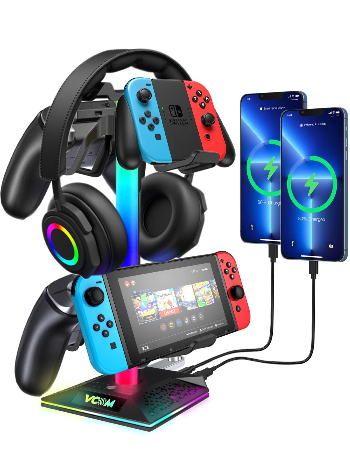 VCOM RGB Headphone Stand, Headphone holder with 2 USB 1 type C ports