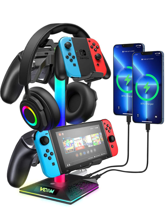 VCOM RGB Headphone Stand, Headphone holder with 2 USB 1 type C ports