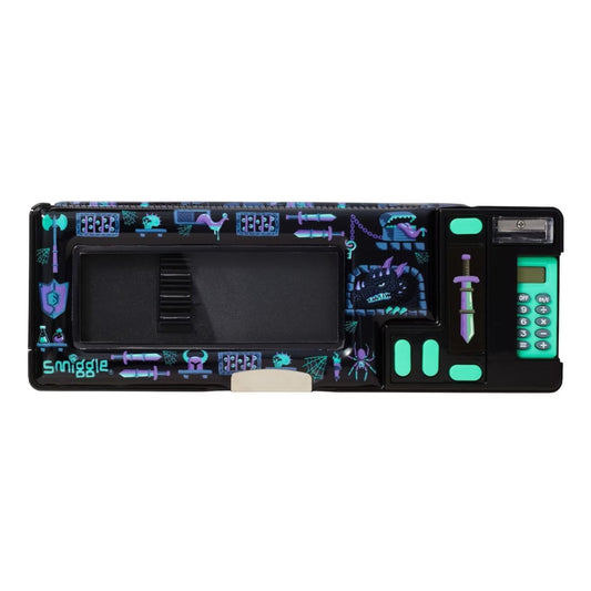 Dino roar Kids Pencil Case, Hey There Pop Out Cyan Calculator Sharpener Black