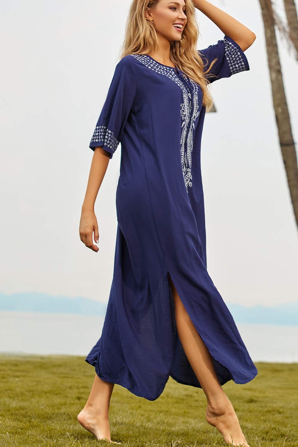 Summer Embroidered Floral Loose Caftan Beach Cover Up Dress – Plus Size