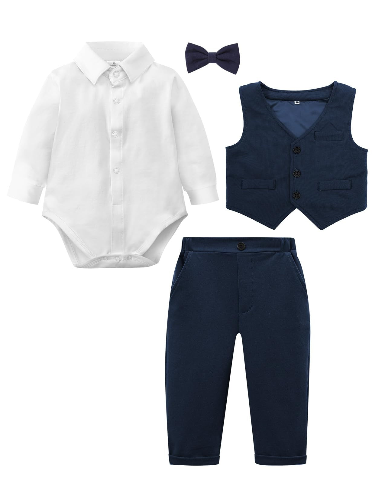Baby Boy Wedding Bodysuit Suit Set Long Sleeve – Dark Navy 12-18 months