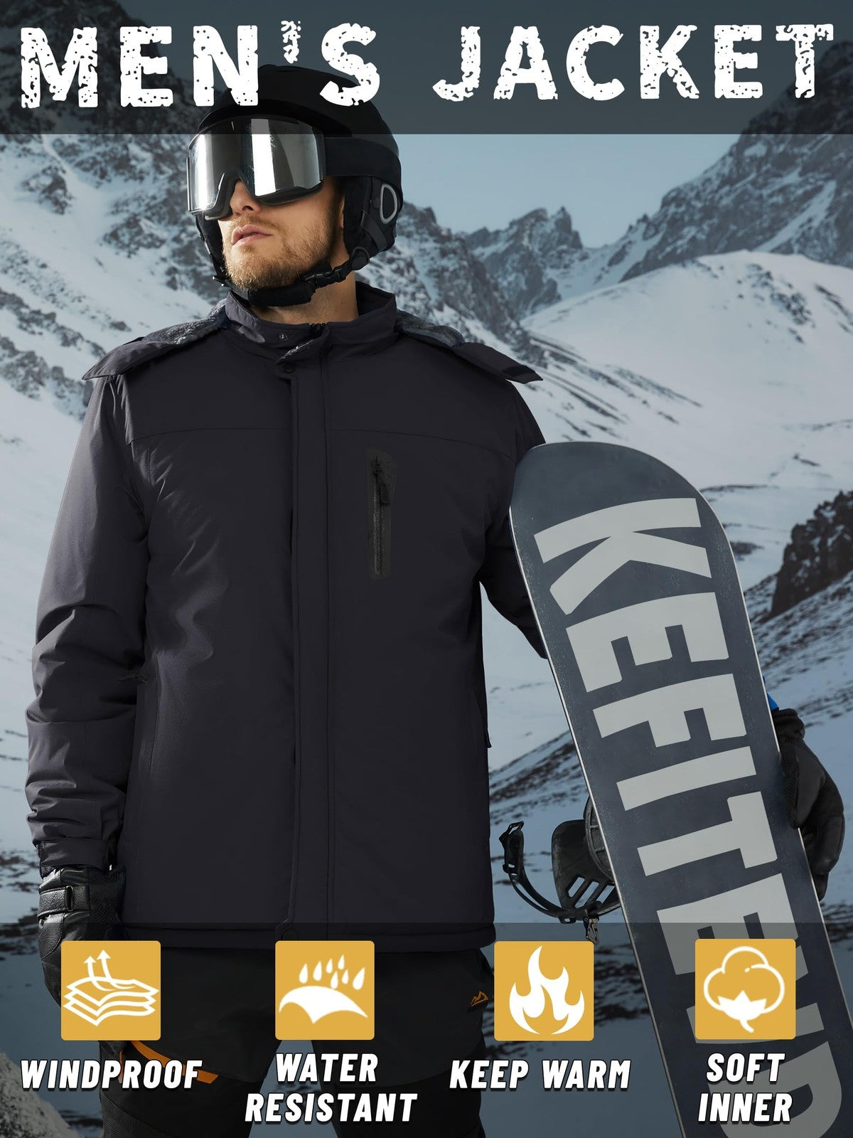 Winter Waterproof Jacket with Hood Fleece Ski Jacket – Black L