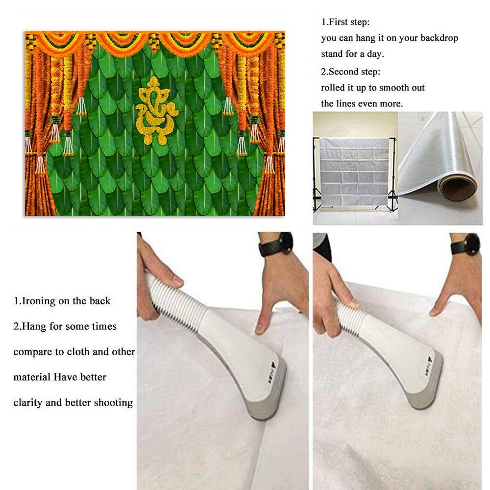 7x5FT India Pooja Traditional Photography Backdrop Marigold Green Banana Leaf