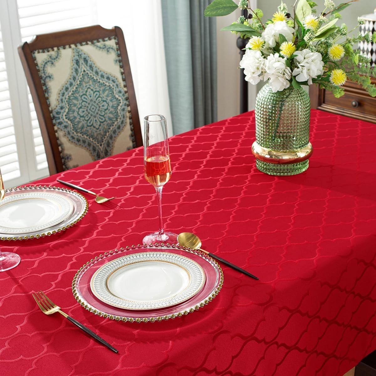 Red Tablecloth Flower Jacquard Table Cloth Spill Proof Dust-Proof Wrinkle