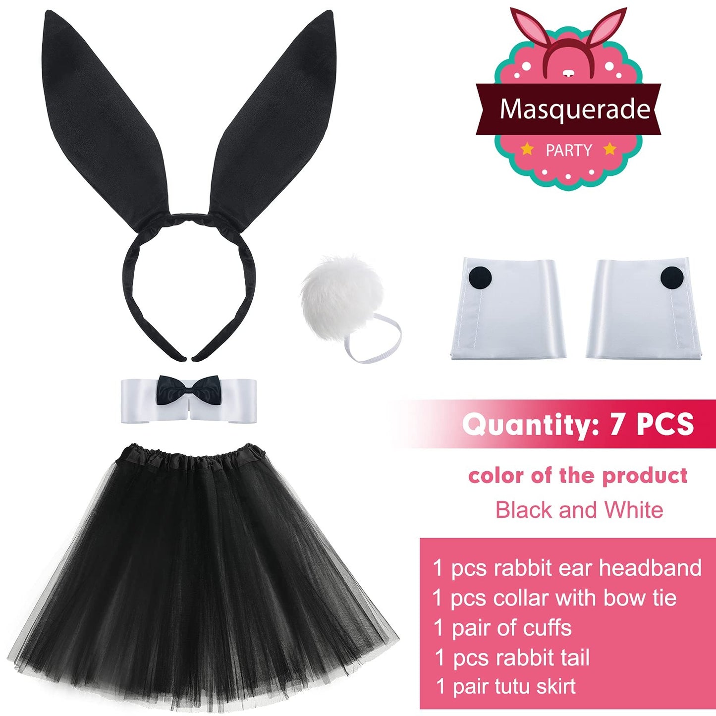 Women's Bunny Costume Set Rabbit Ears Headband & Tutu Skirt – Black