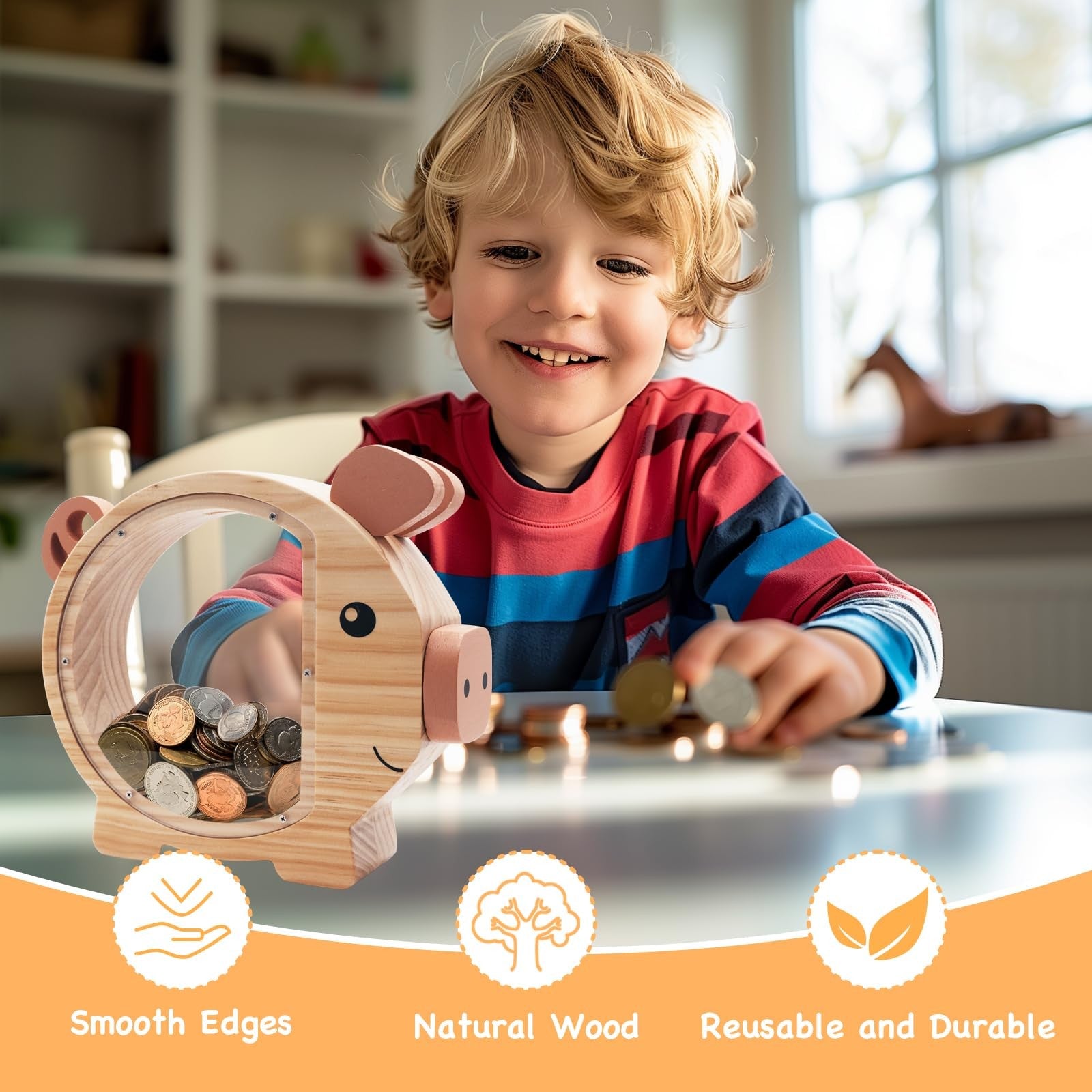 Wooden Piggy Banks for Kids – Crefun HM4241 Wooden Coin Bank Clear