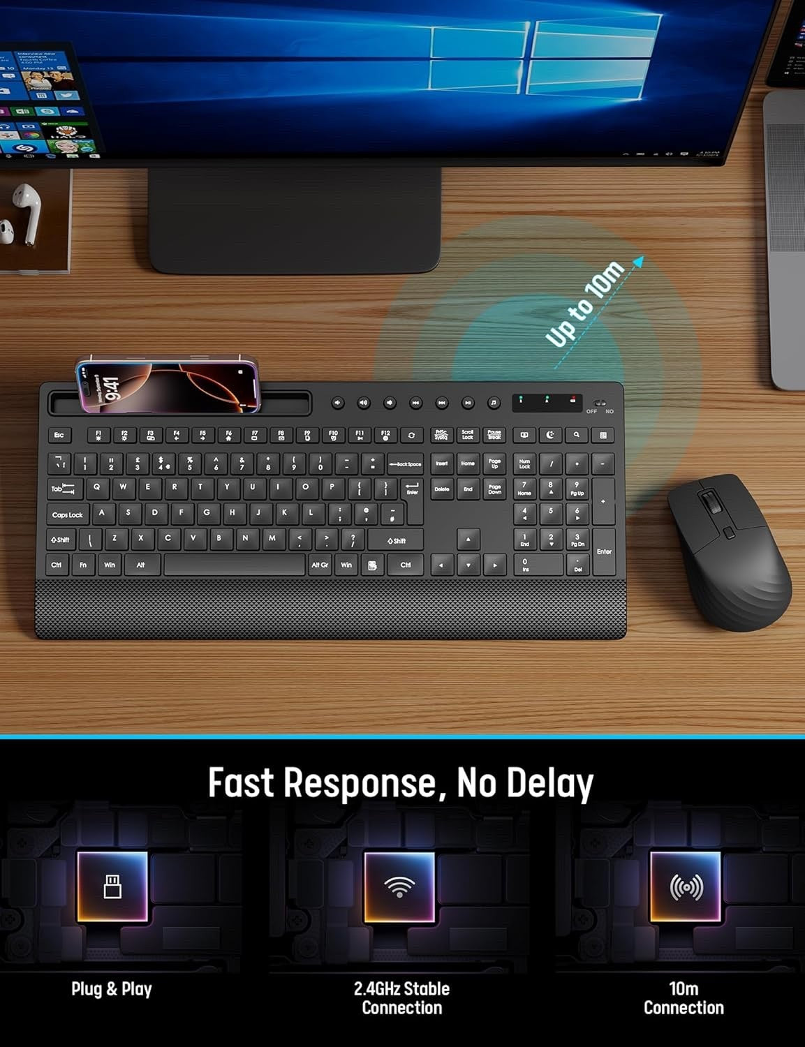 Wireless Keyboard and Mouse Combo, FullSize 2.4GHz Quiet Keyboard with WristRest