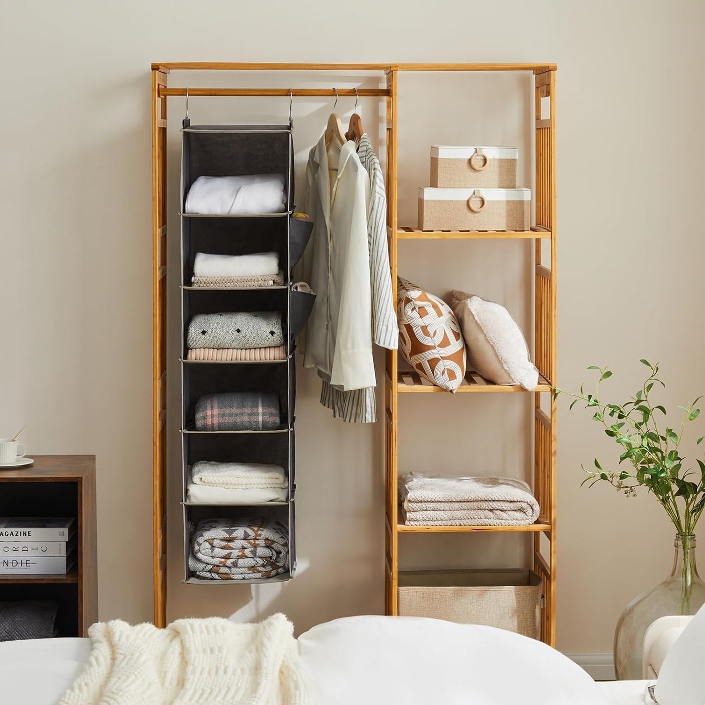 Hanging Closet Organiser 6 Shelves with Side Pockets – Grey