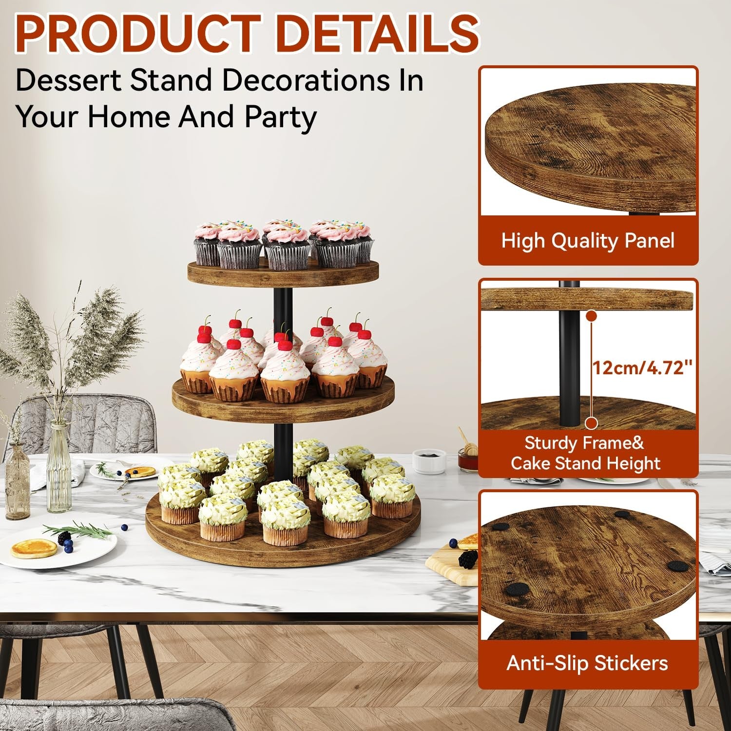 IBUYKE 3 Tier Cupcake Stand, Durable Wood Display Tower Rustic Brown