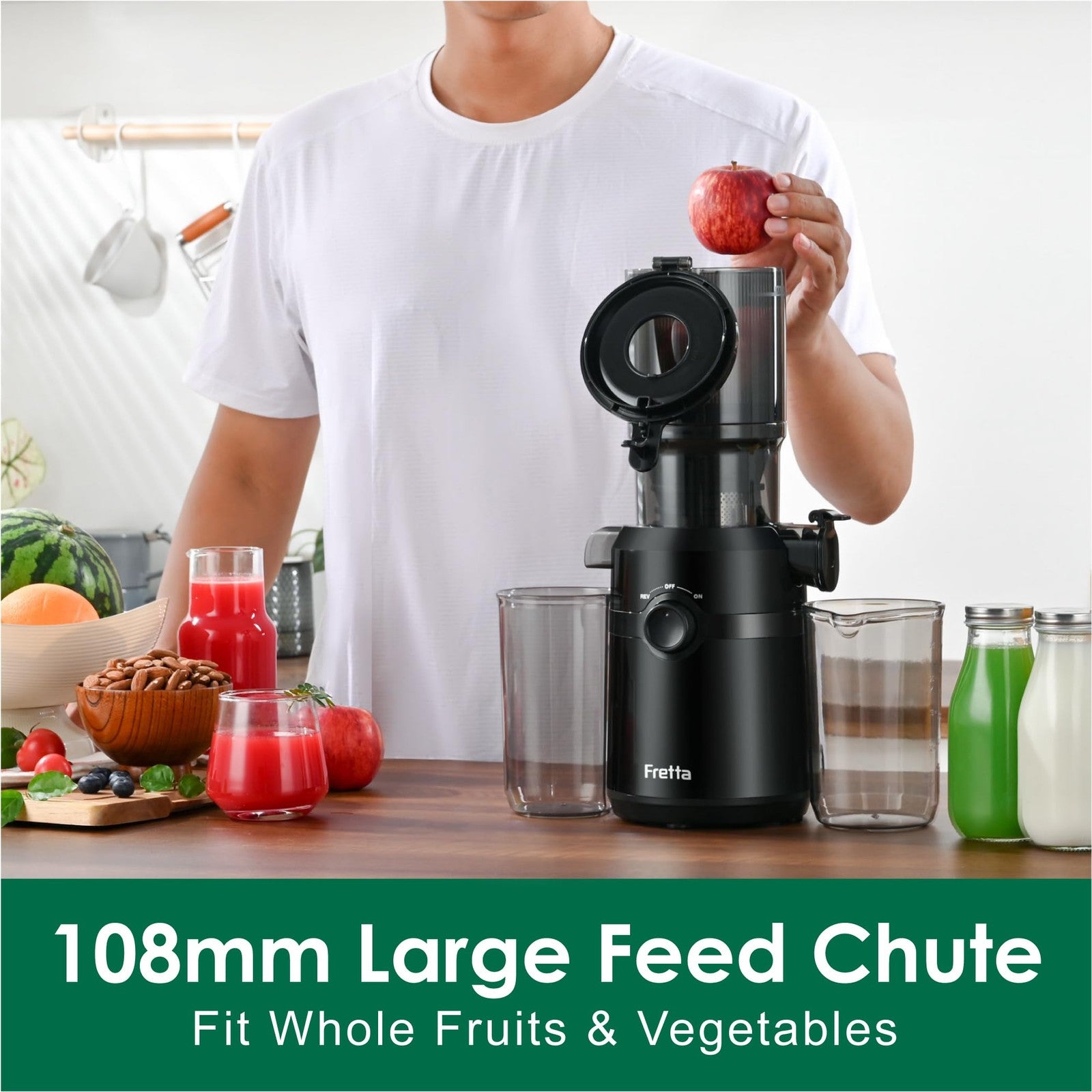 Cold Press Juicer Machines,Fretta Slow Masticating Juicer with 108MM Large Feed