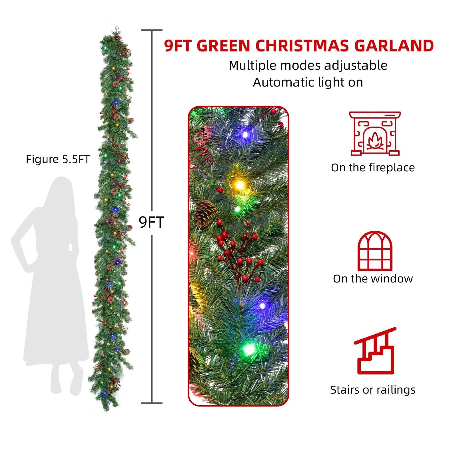 Christmas Garland With Lights 9FT, Battery Powered 8 Lighting Modes 50 LED Light
