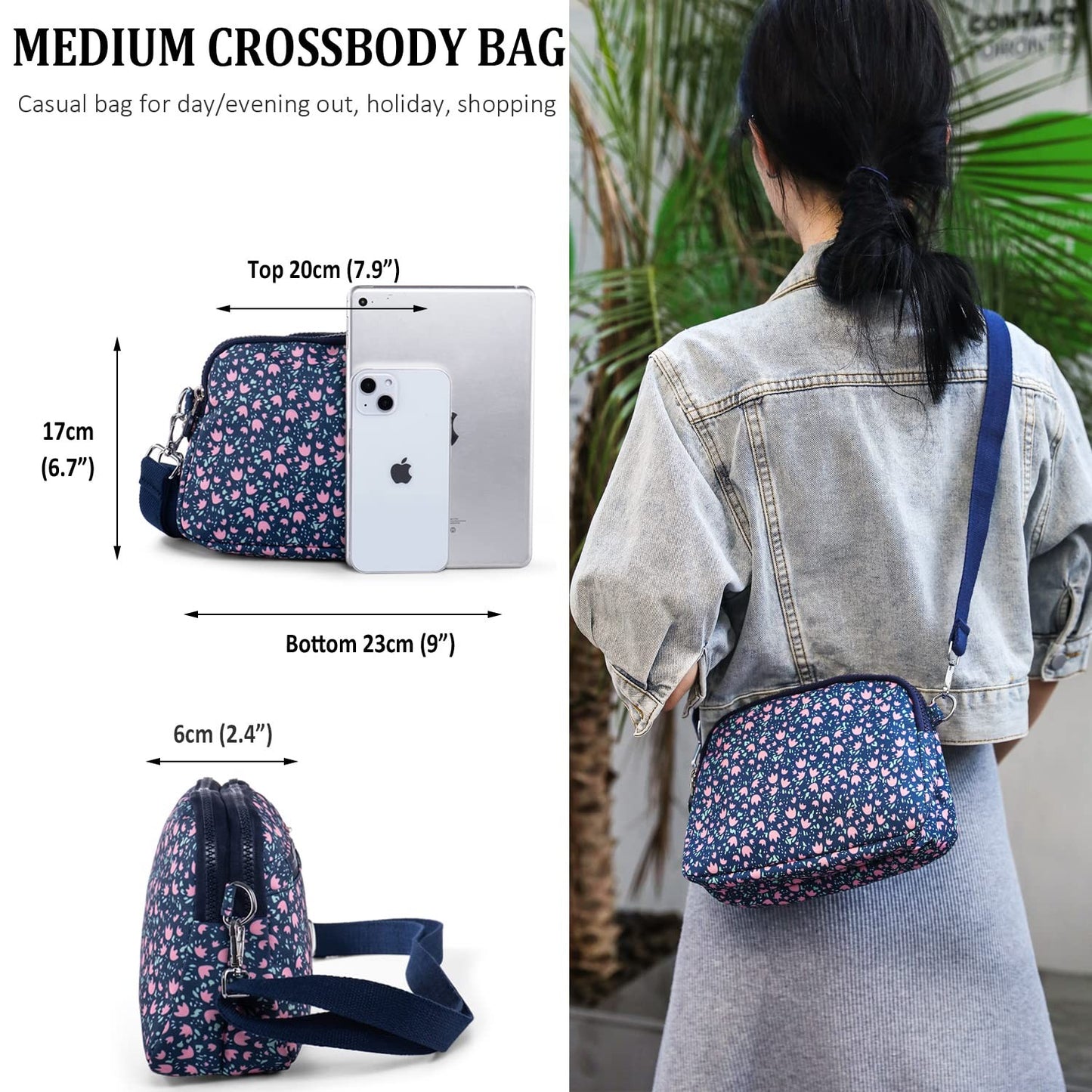 Cross Body Bag Women Multi Pockets Nylon – Blue with Pink Flowers