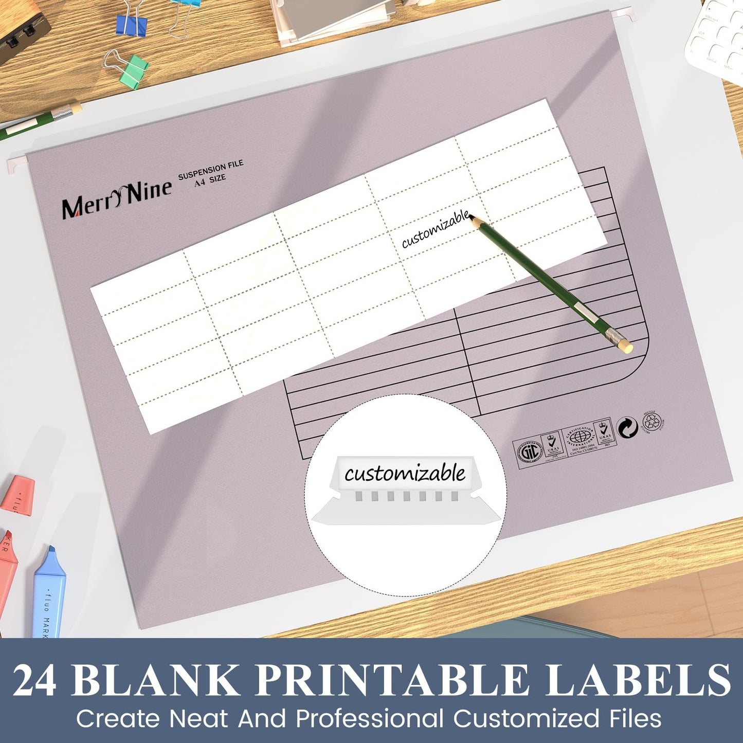 A4 Suspension Files, 24PCS Filing Cabinet Files with Tabs and Card Inserts