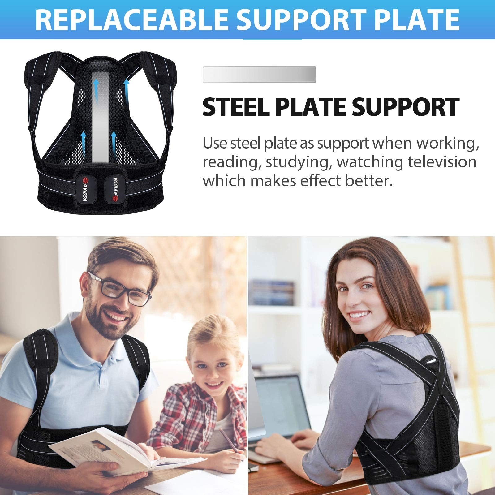 Posture Corrector for Men Women, Back Brace with Replaceable Support Plate