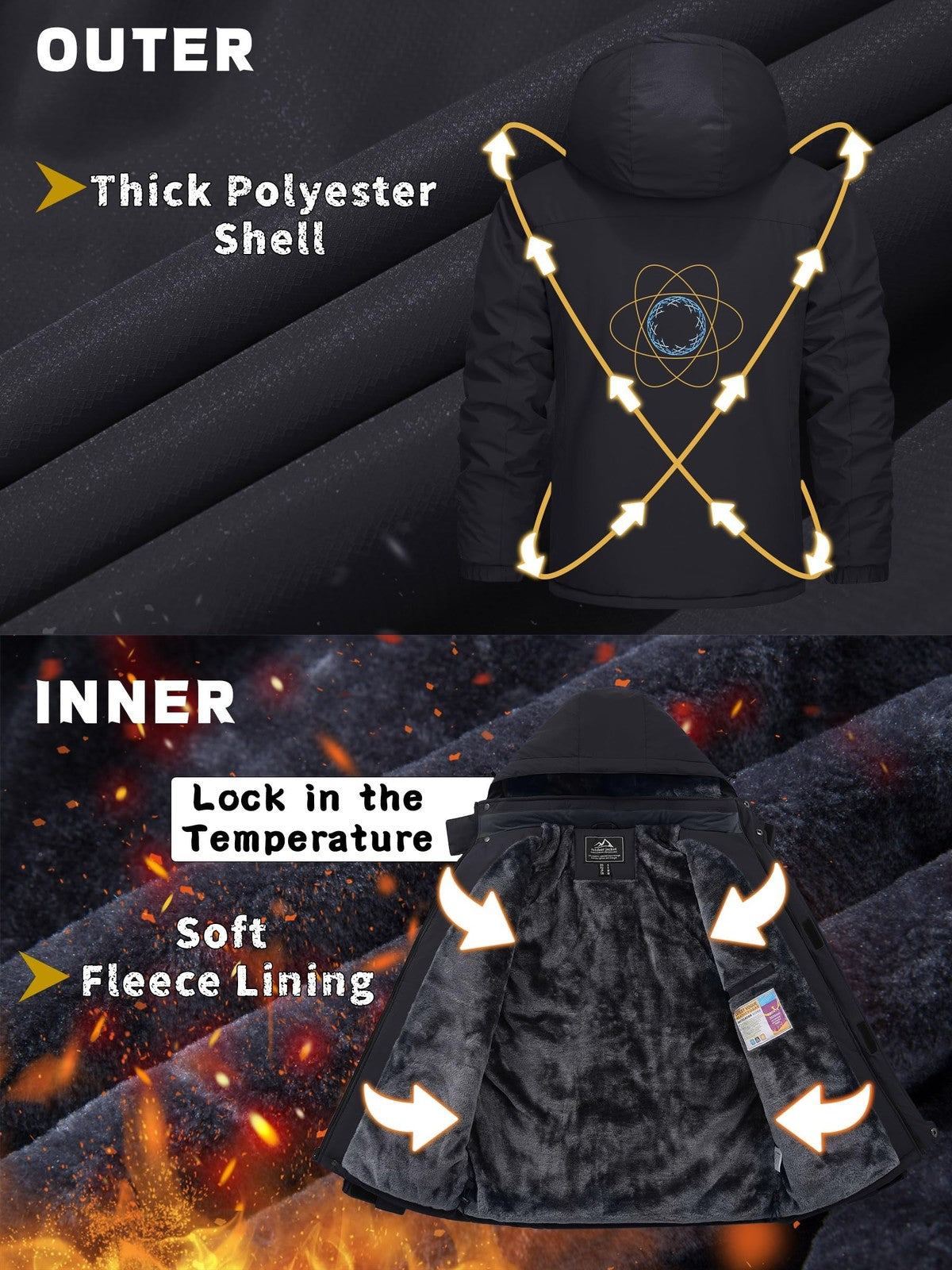 Winter Waterproof Jacket with Hood Fleece Ski Jacket – Black L