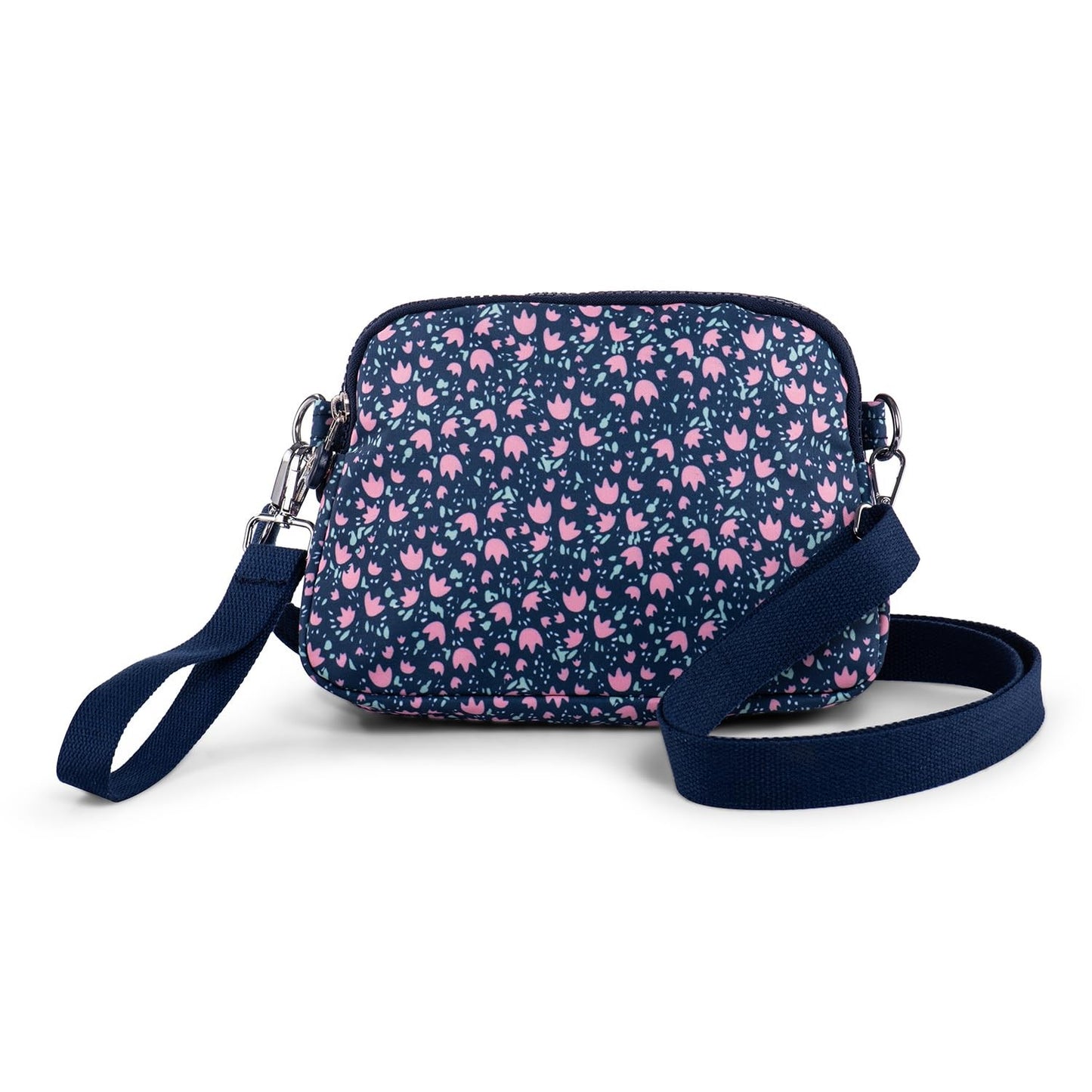Cross Body Bag Women Multi Pockets Nylon – Blue with Pink Flowers