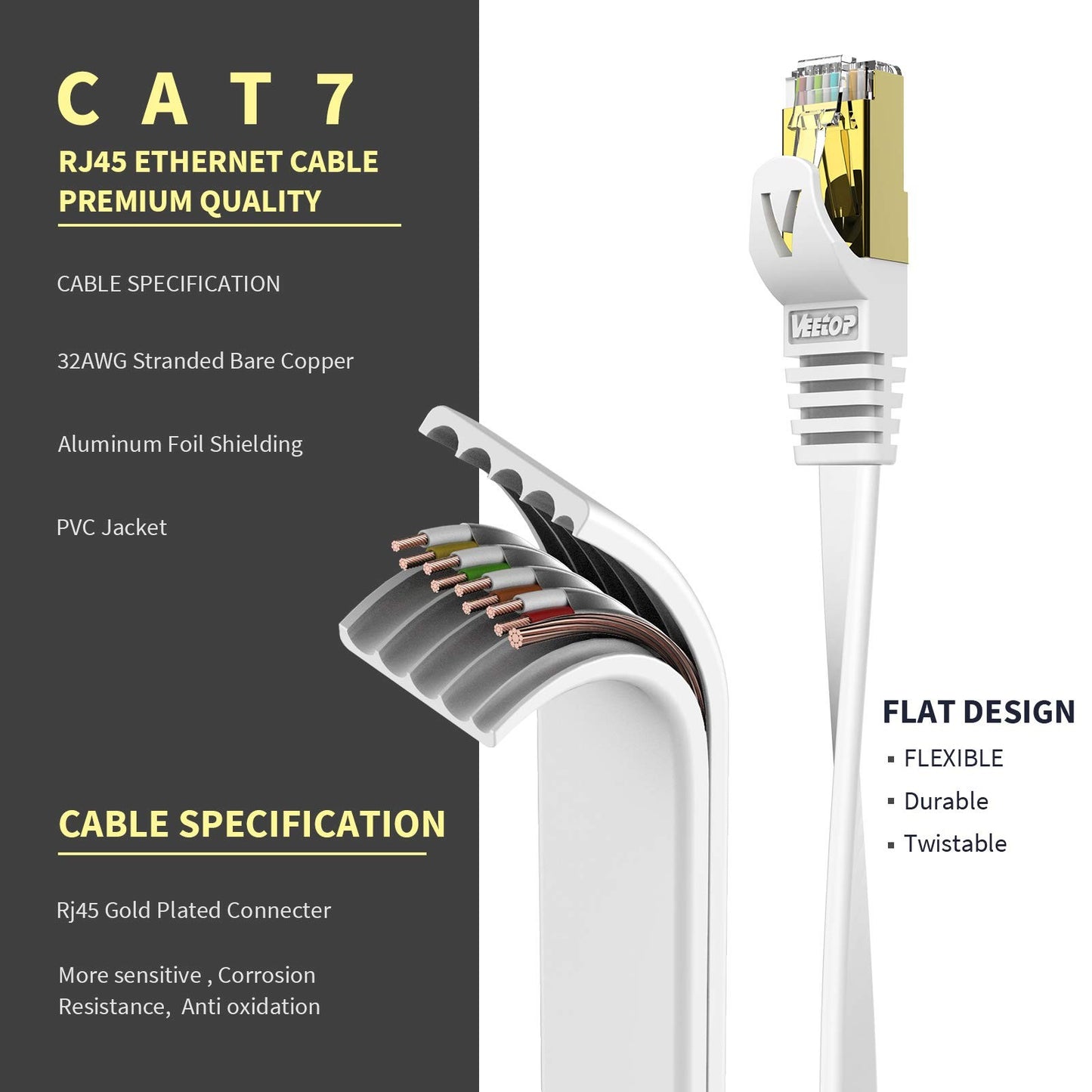 Veetop Flat Ethernet Cables 10m/32.8ft Cat7 High Speed 10Gbps RJ45