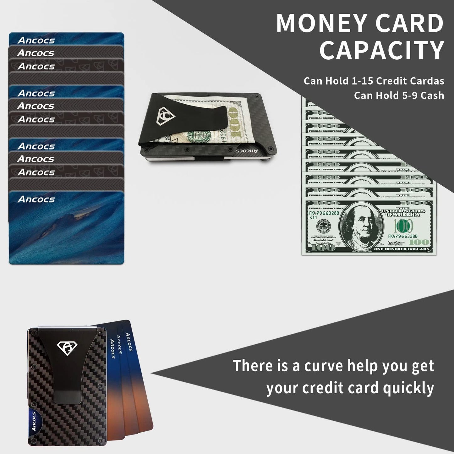 Ancocs Carbon Fiber Credit Card Holder with Metal Money Clip -NFC RFID Blocking