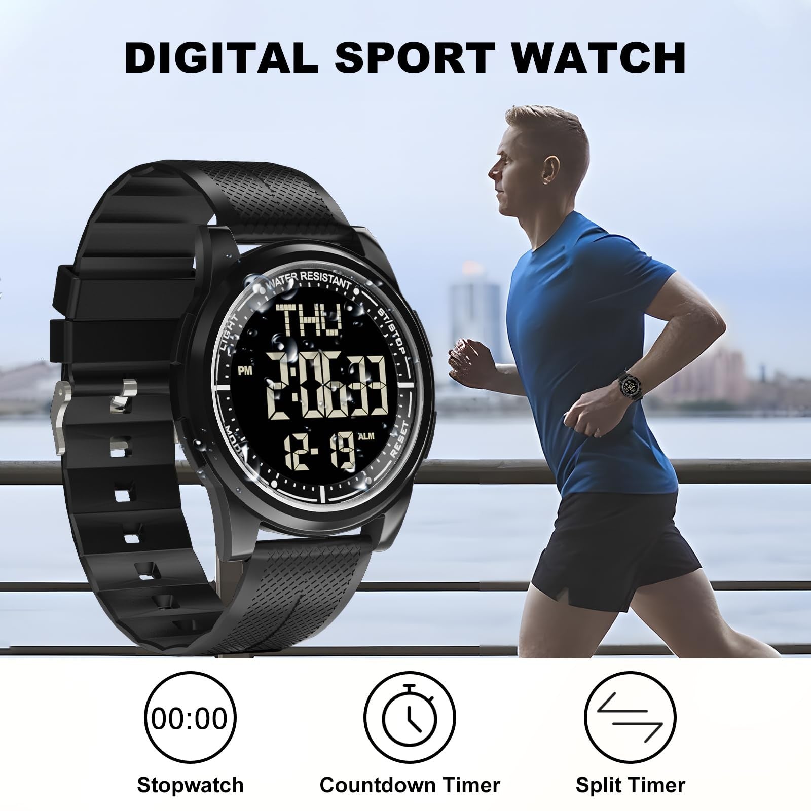 WIFORT Digital Watches for Men with Wide-Angle Display & Backlight, Waterproof
