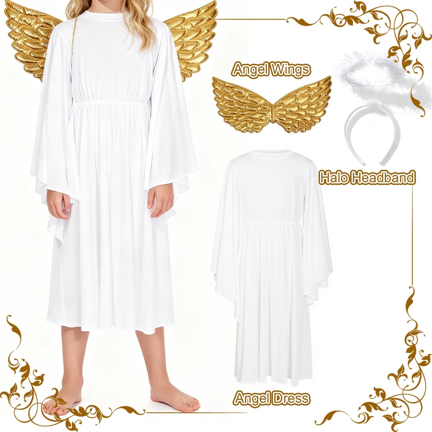Angel Costume White Dress with Headband & Gold Wings Child M – White M