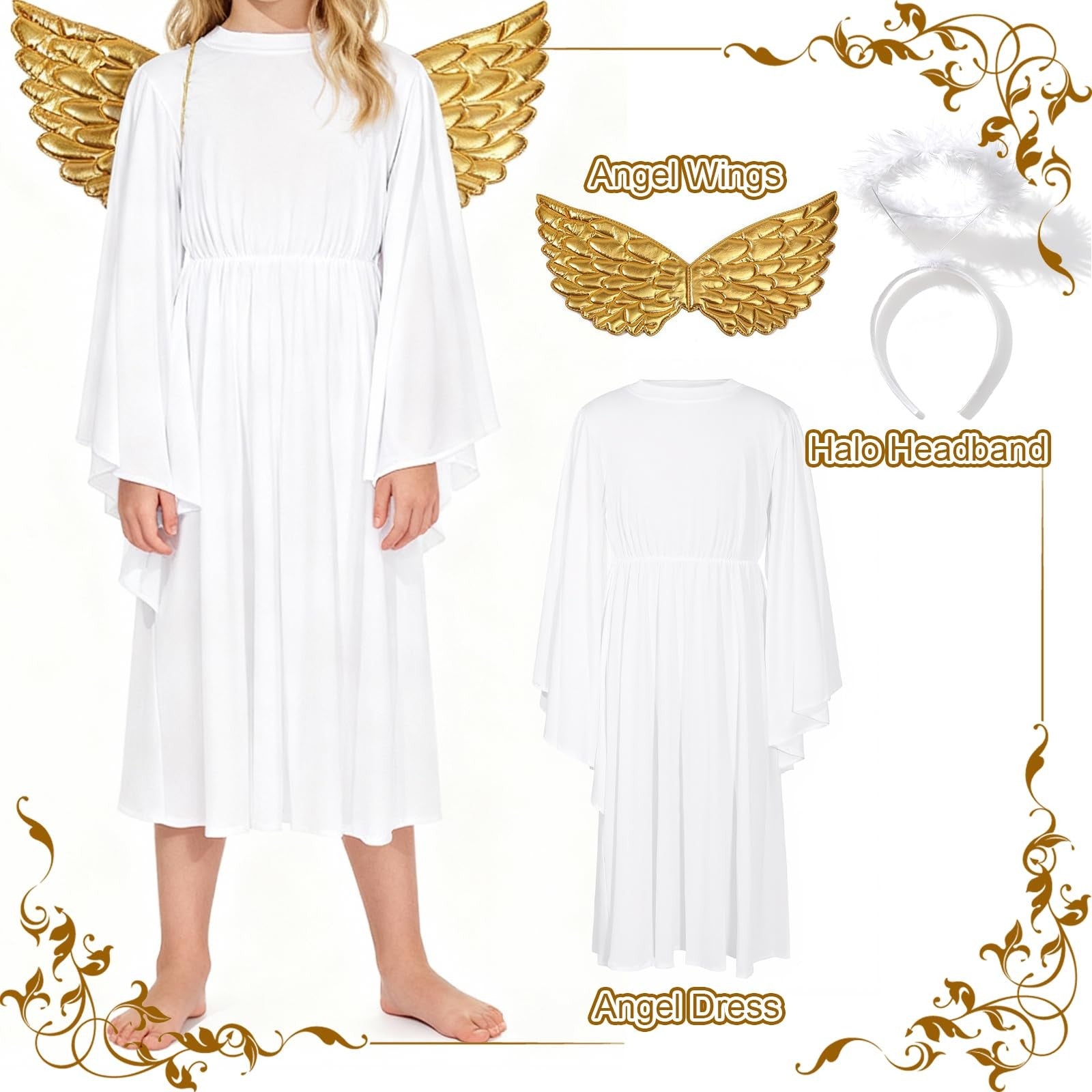 Angel Costume White Dress with Headband & Gold Wings Child M – White M