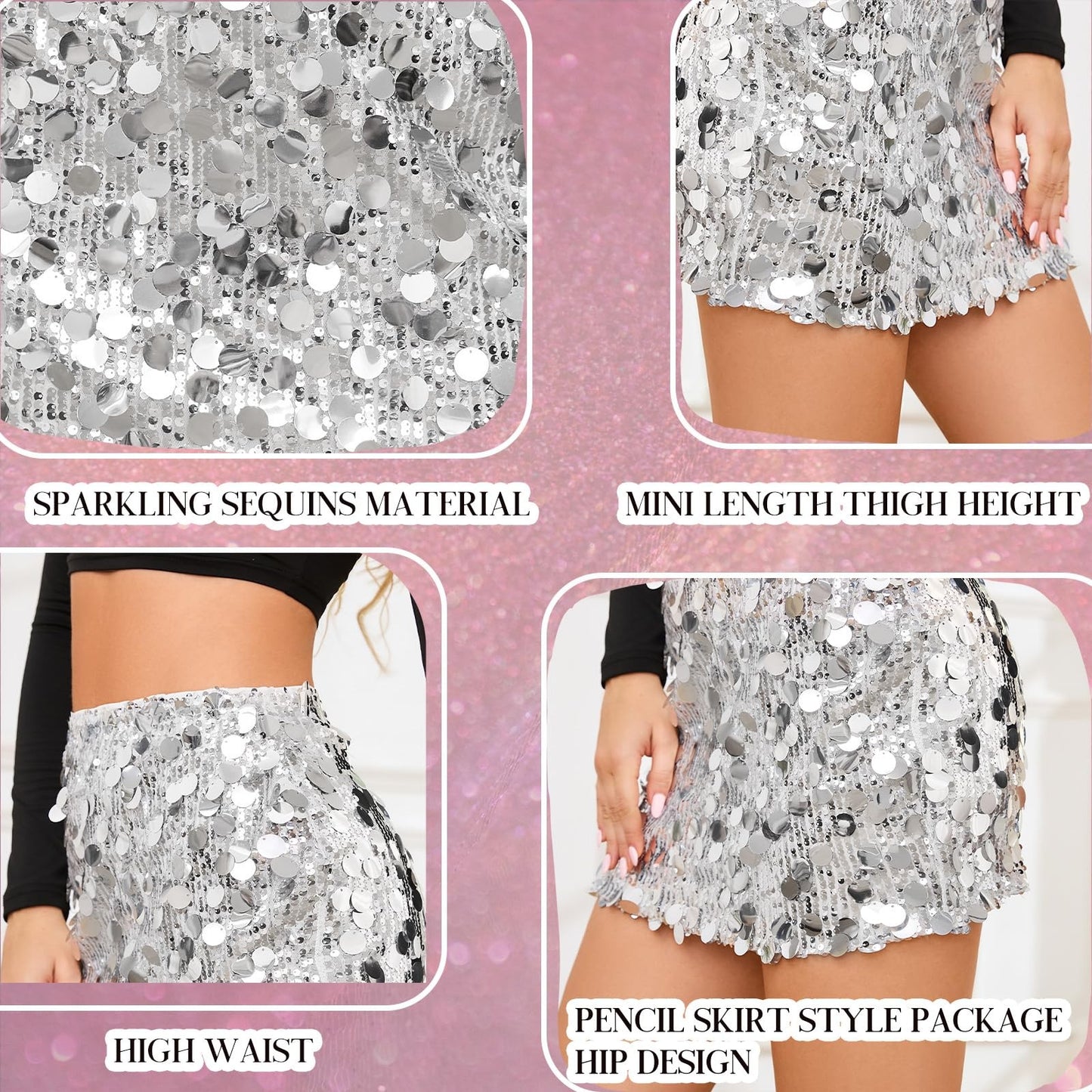 Sequin Skirt for Women Stretchy Bodycon Mini Sparkly Glitter Shiny Skirt- Medium