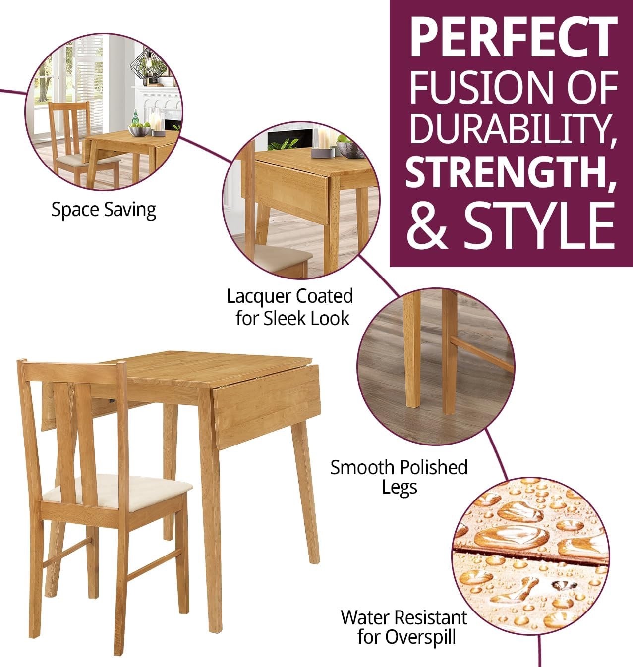 Light Oak Drop Leaf Dining Set – Wooden Dinner Table with 2 Chairs