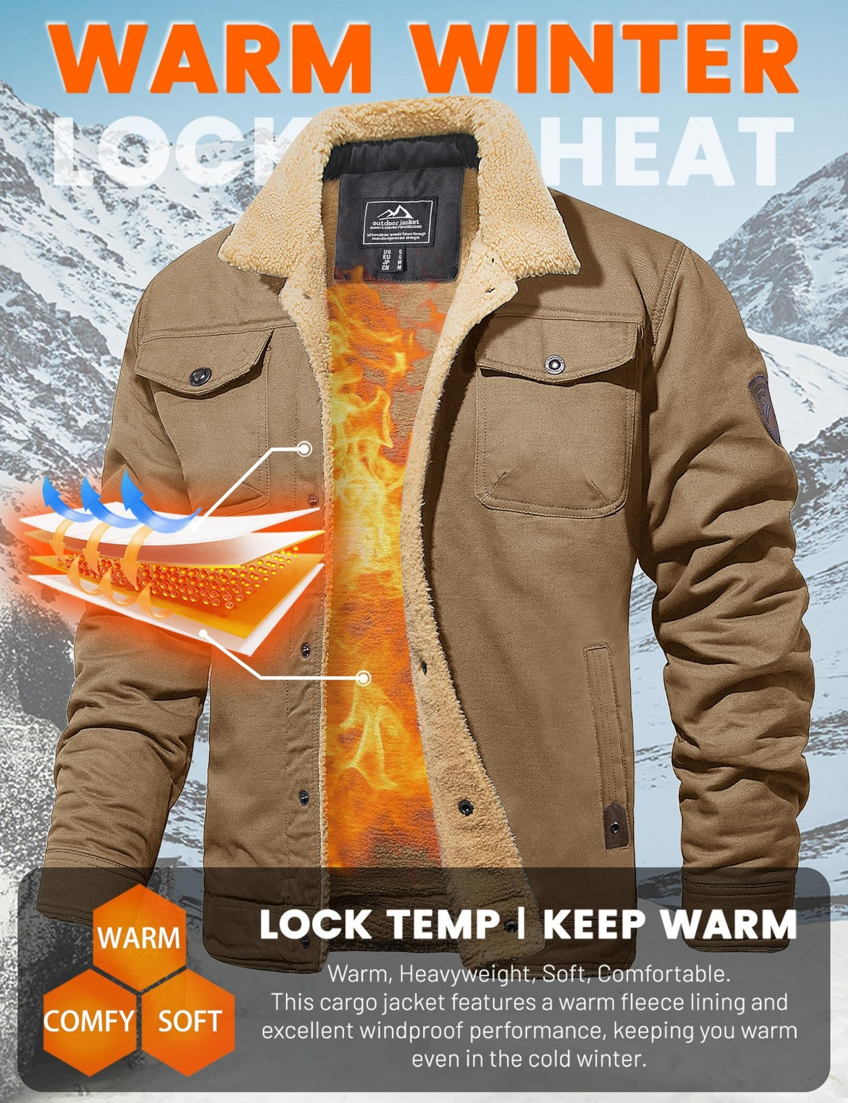 Men's Winter Thermal Trucker Coat Windproof Classic Jacket with Pockets – Khaki