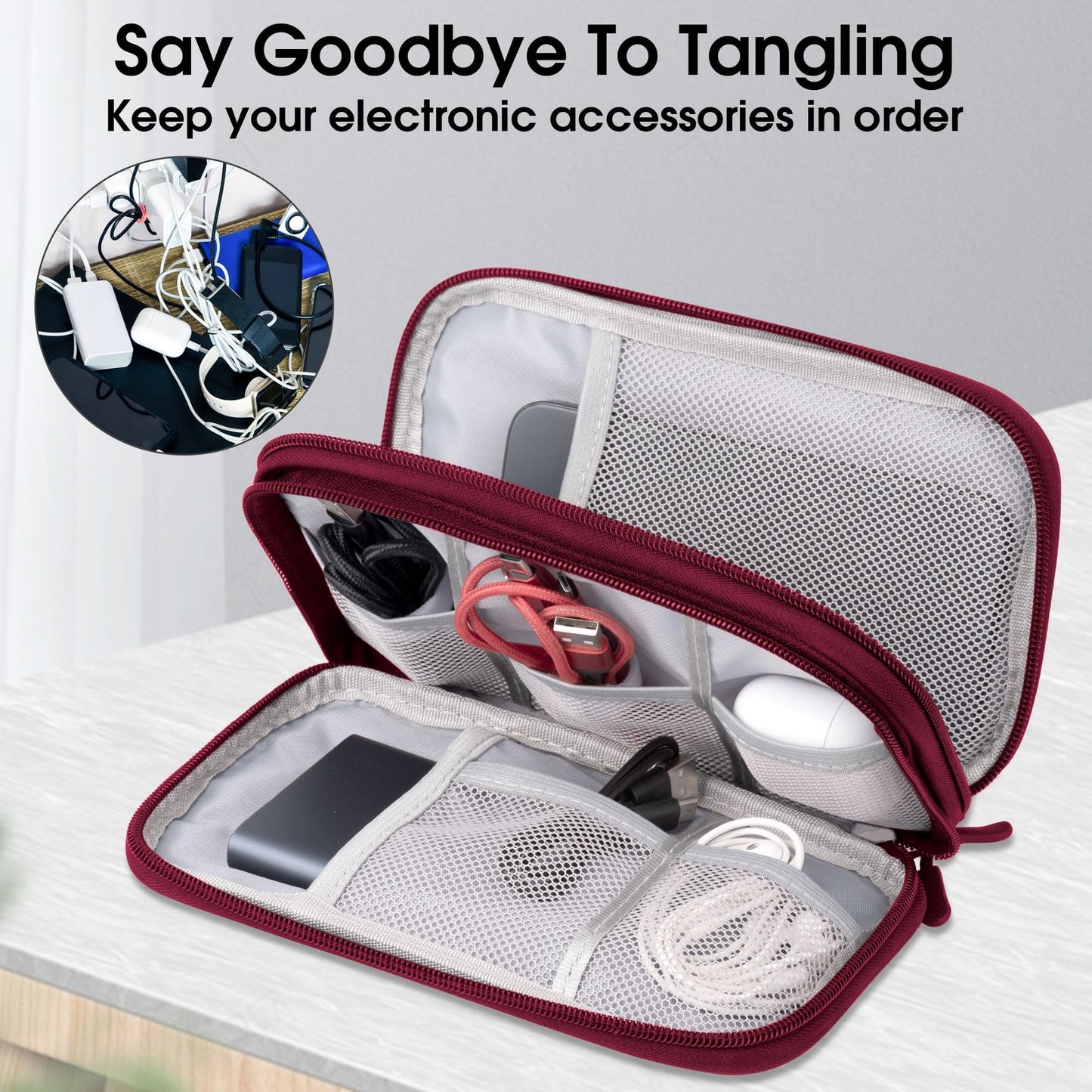 Electronic Accessories Organiser Travel Cable Bag – Wine Red