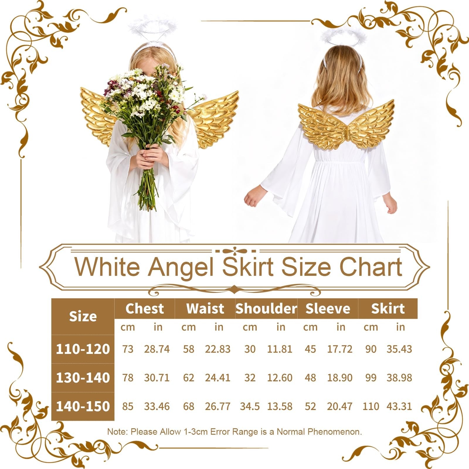 Angel Costume White Dress with Headband & Gold Wings Child M – White M