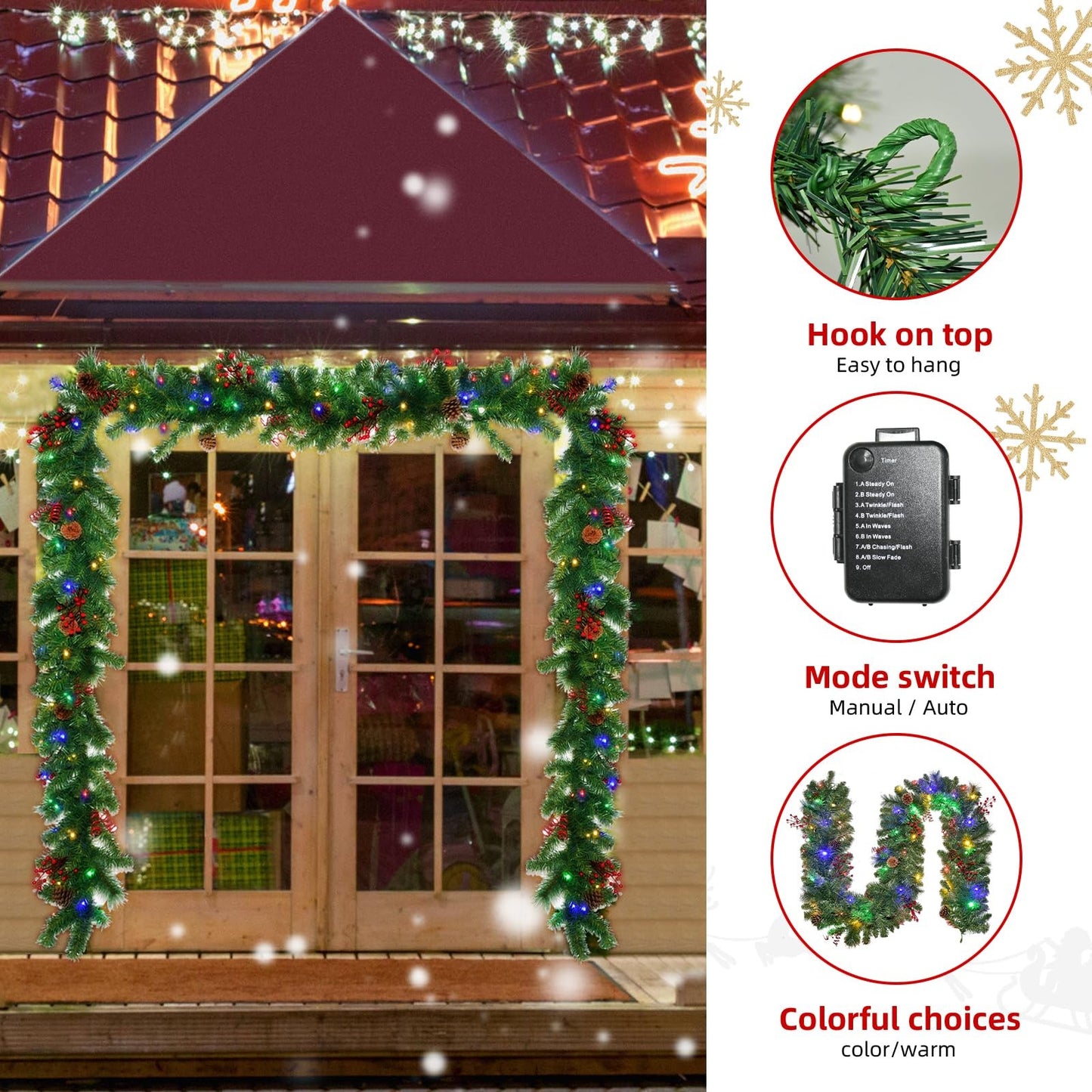 Christmas Garland With Lights 9FT, Battery Powered 8 Lighting Modes 50 LED Light