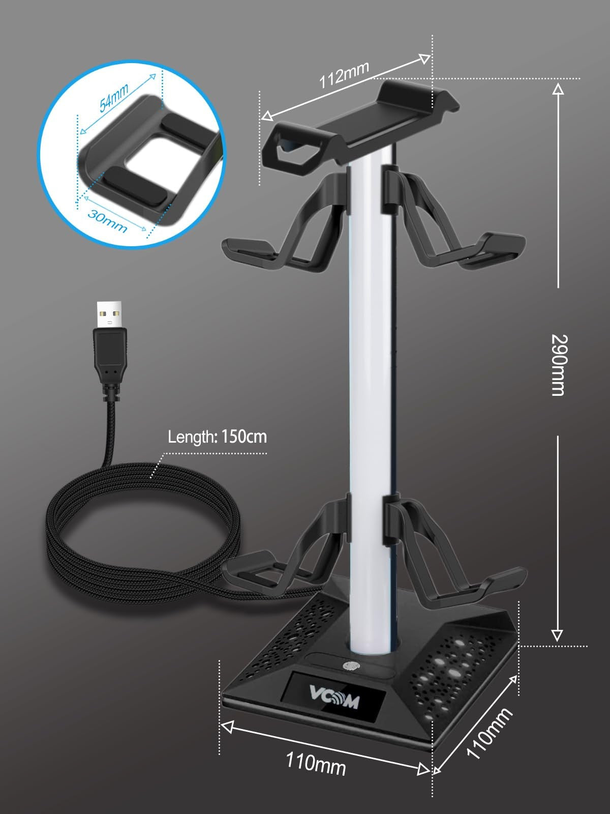 VCOM RGB Headphone Stand, Headphone holder with 2 USB 1 type C ports