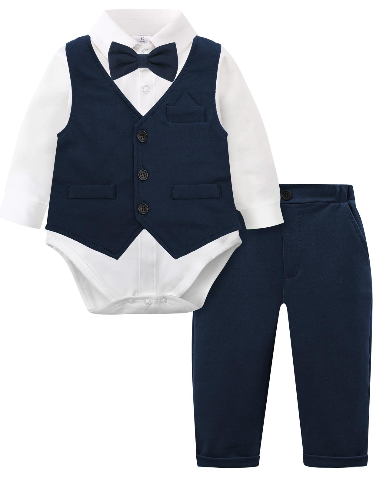 Baby Boy Wedding Bodysuit Suit Set Long Sleeve – Dark Navy 12-18 months