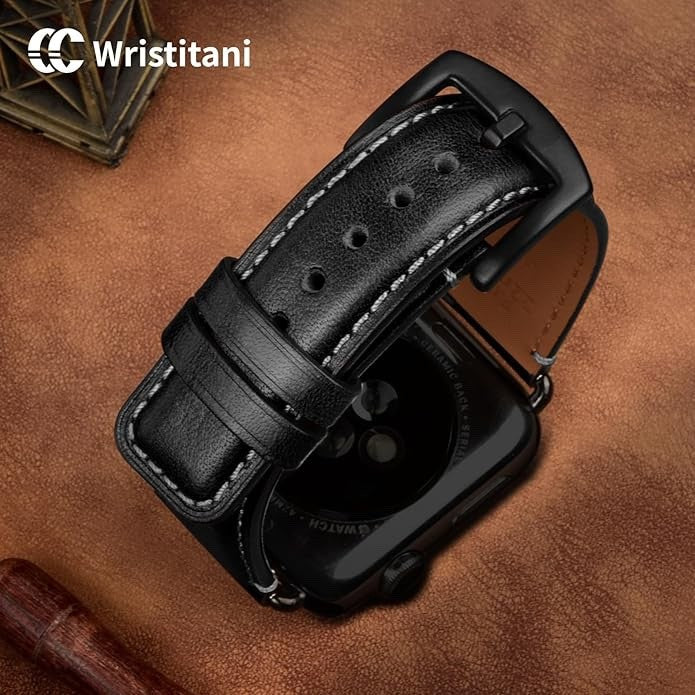 Leather Strap for Apple Watch Compatible 49mm-40mm – Genuine Leather, Black
