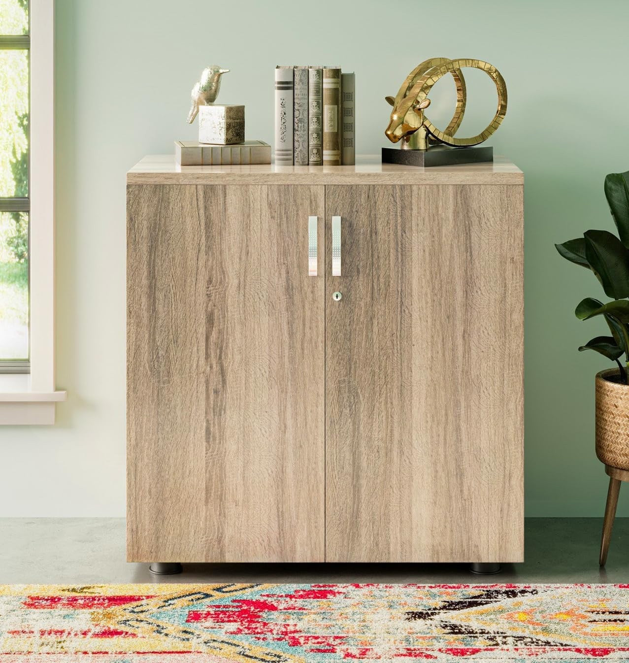 Small Office Cupboard with Laminated Oak Finish, Lockable Cabinet with Shelf,