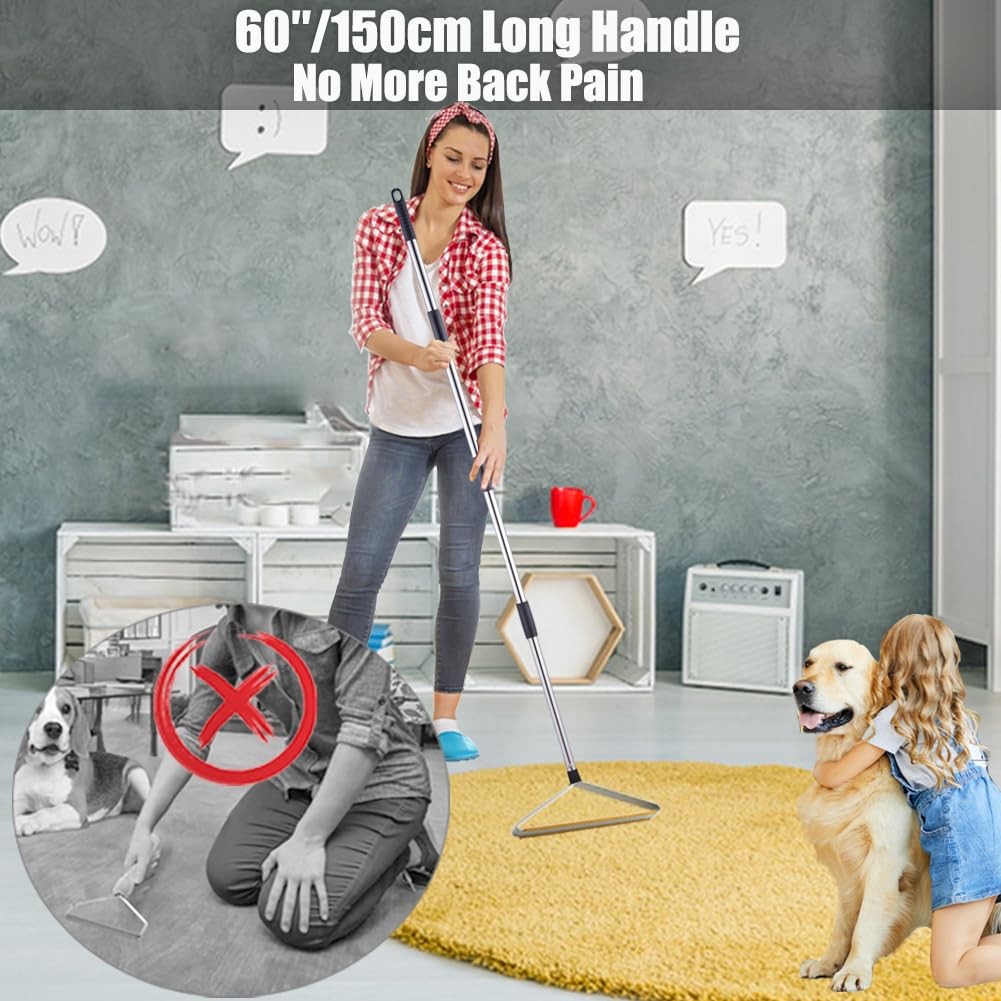 Carpet Rake for Pet Hair Removal with 60″ Long Handle, 1 Mini Carpet Scraper