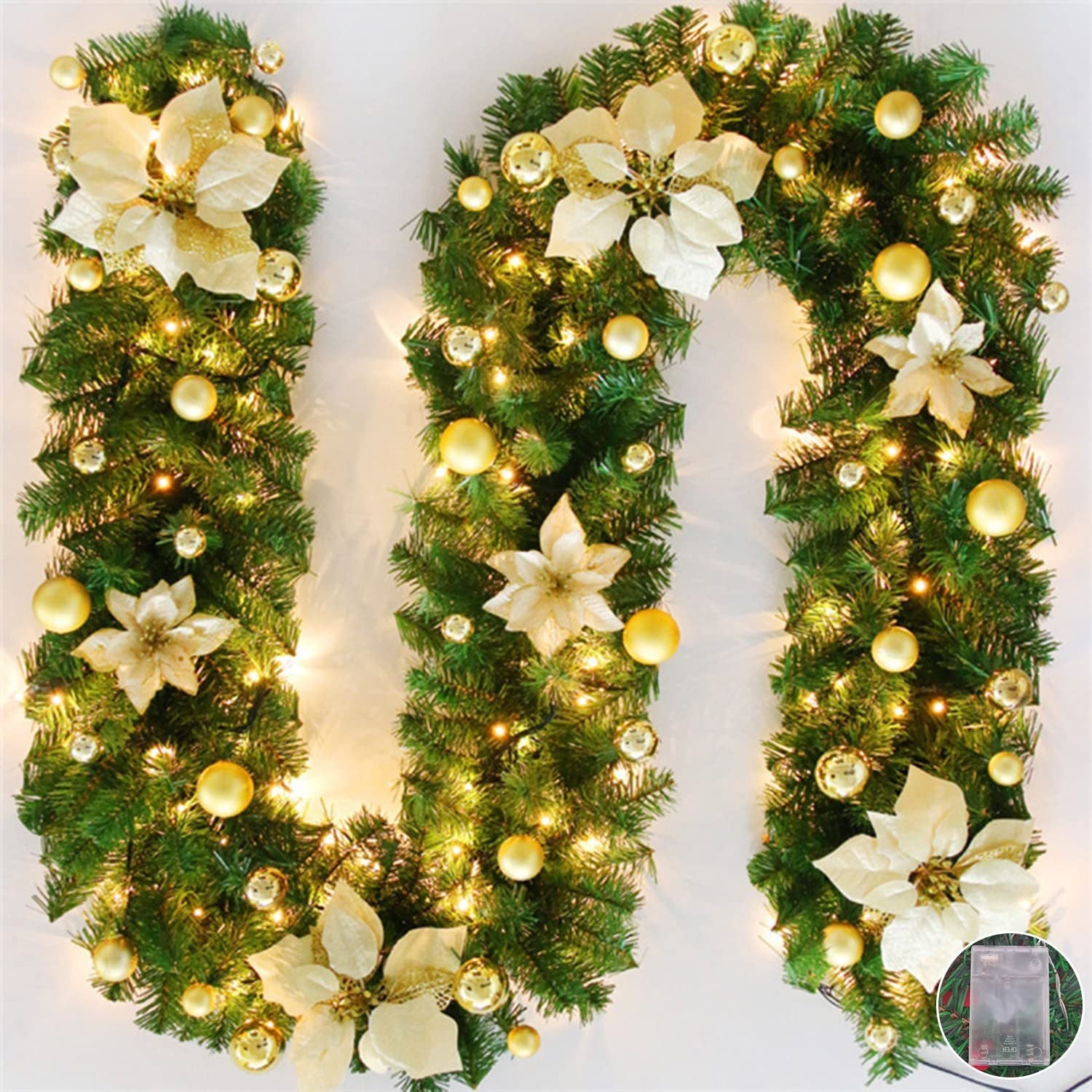 Christmas Garland with LED Lights, 2.7M (9ft) Artificial Rattan Xmas Wreath