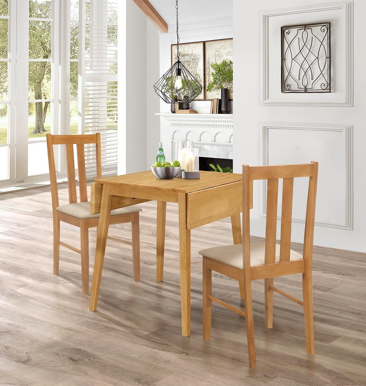 Light Oak Drop Leaf Dining Set – Wooden Dinner Table with 2 Chairs