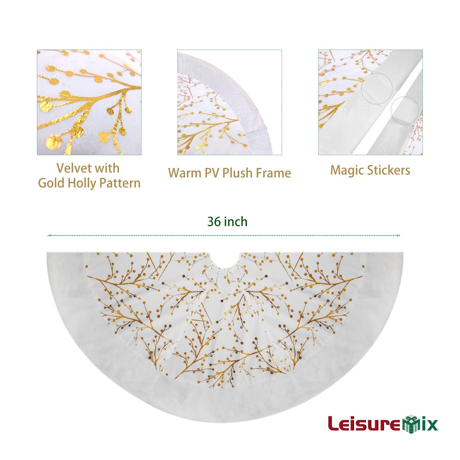 Leisuremix Christmas Tree Skirt 90cm Gold White Xmas Tree