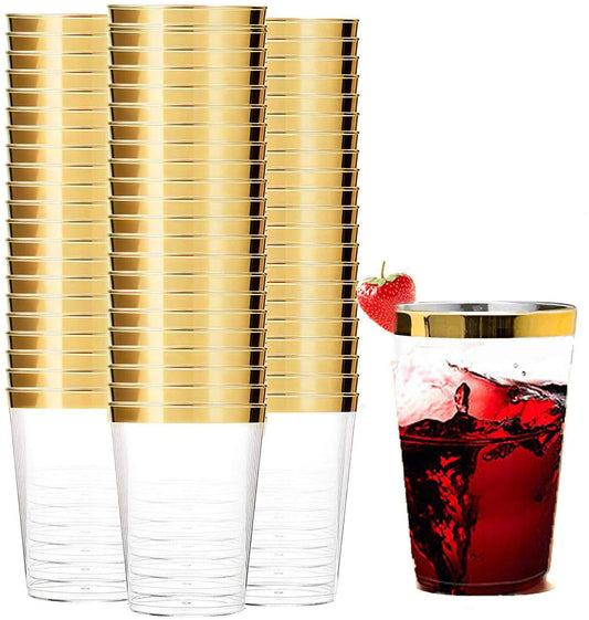 Tebery 100 Pack Gold Plastic Cups Tumblers, 10oz Clear Reusable Wedding Cups Elegant Party Cups with Gold Rim