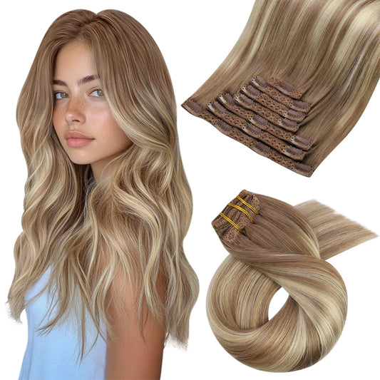 Moresoo Human Hair Extensions Clip in Balayage Brown and Blonde Clip in Hair Extensions Real Hair 18 Inch Double Weft Clip in Extensions 7Pcs/120g #8/22/8