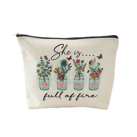 Large Floral Cotton Cosmetic Bag Waterproof Lined Zipper Pouch – Floral