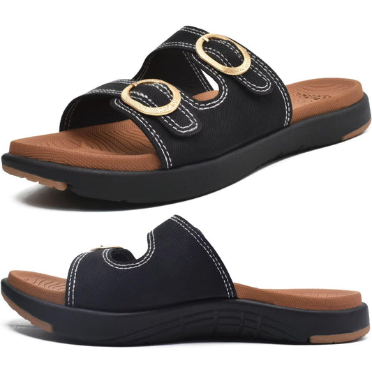 Women’s Orthotic Slide Sandals Arch Support Adjustable Straps – Black/Khaki UK 7