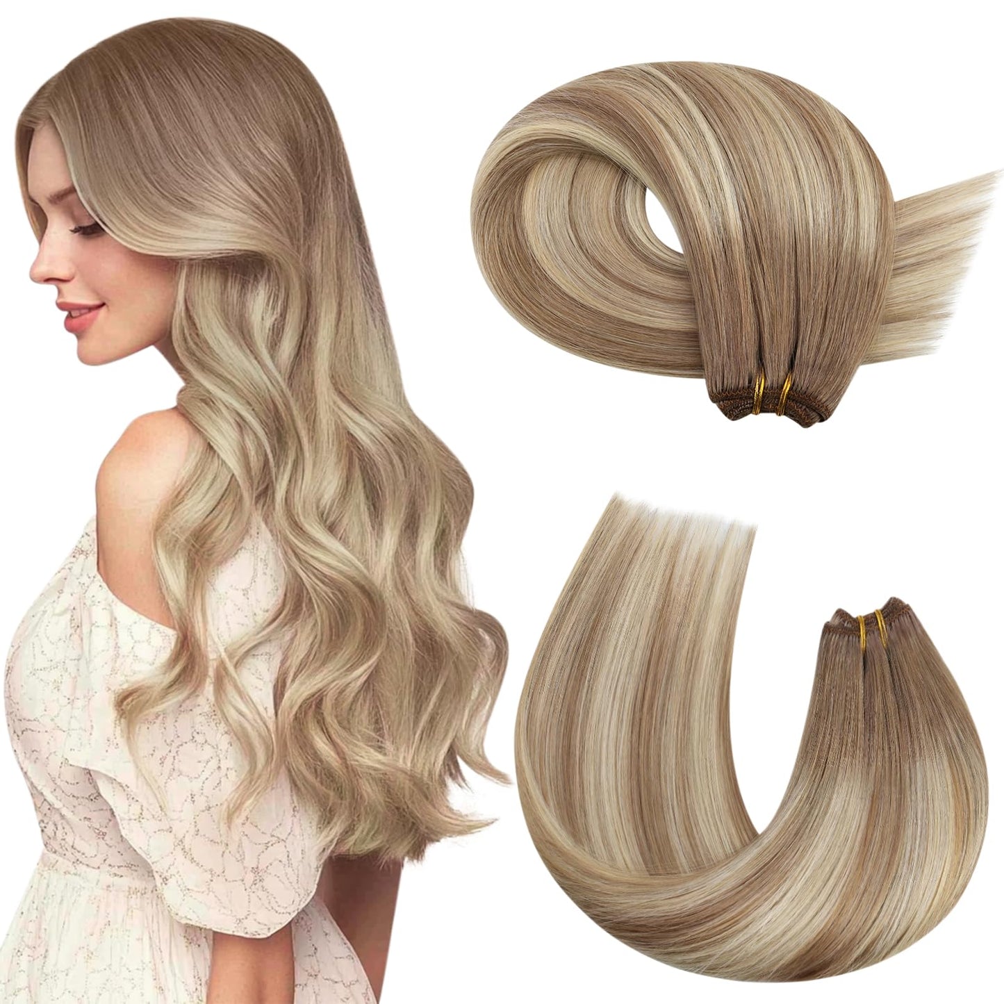 Moresoo Blonde Human Hair Weft Balayage Light Brown with Platinum Blonde Double Weft Hair Extensions Sew in Human Hair 18 Inch 100g/Pack #8/22/8