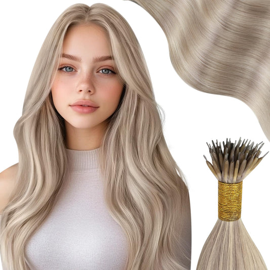 Moresoo Blonde Nano Hair Extensions Human Hair Ash Blonde with Platinum Blonde Nano Beads Human Hair Extensions 16 Inch Blonde Nano Ring Hair Extensions 1g/s 50g/Pack #P18/613
