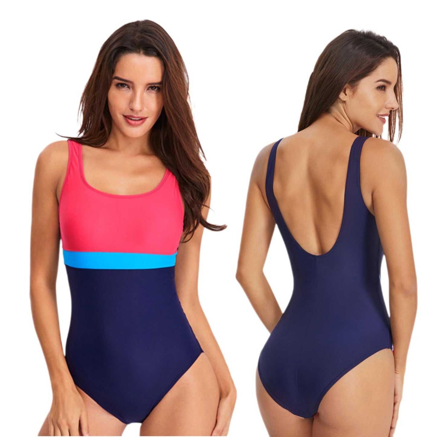 Women’s One-Piece Swimsuit Tummy Control Removable Pads High-Cut Low Back – Pink/Navy L