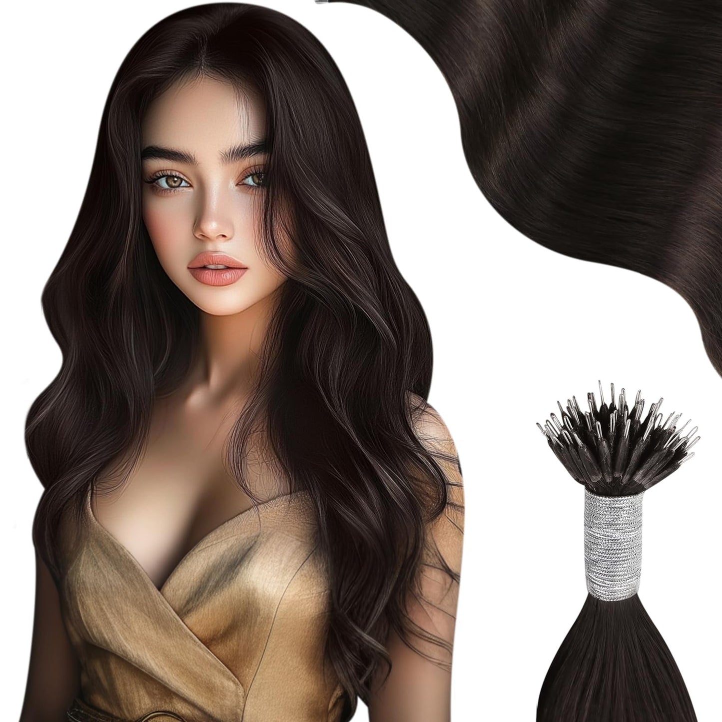 Moresoo Nano Beads Hair Extension Darkest Brown Nano Hair Extensions Real Human Hair 18 Inch Nano Ring Hair Extensions 1g/s 50g/Pack #2