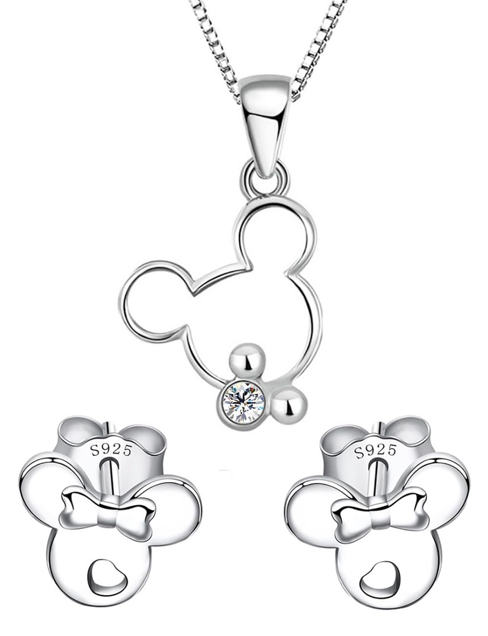 Sterling Silver Mickey Pendant Necklace & Minnie Stud Earrings Clear Zirconia - Silver