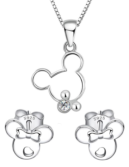Sterling Silver Mickey Pendant Necklace & Minnie Stud Earrings Clear Zirconia - Silver